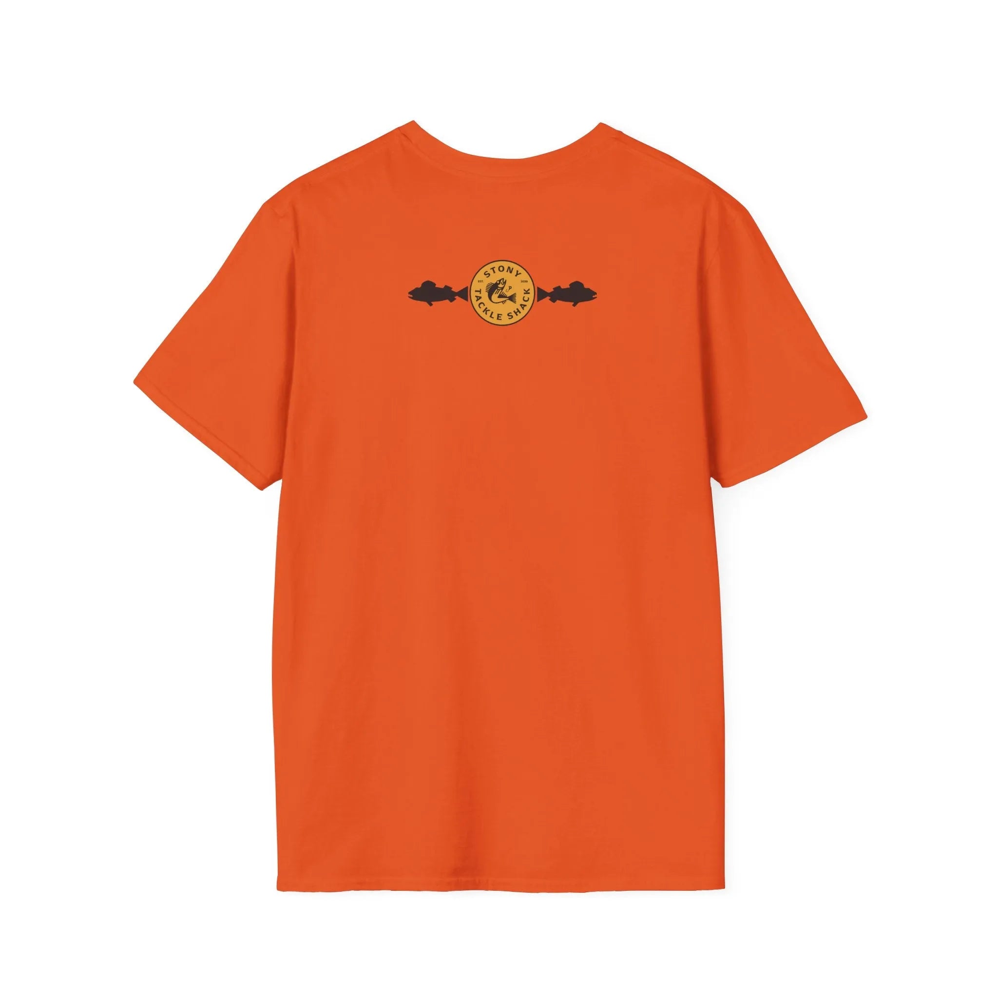 Orange t-shirt with a yellow logo on the back against a white background