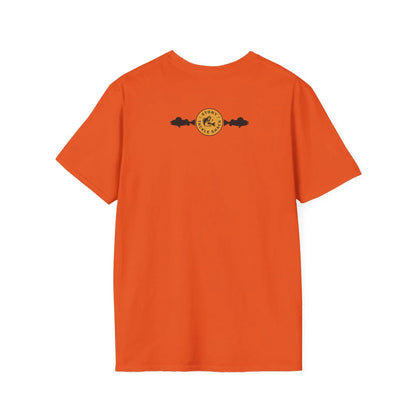 Orange t-shirt with a yellow logo on the back against a white background