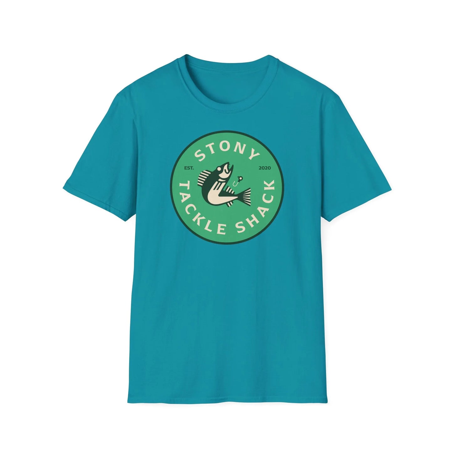 Blue t-shirt with green logo and text on a white background