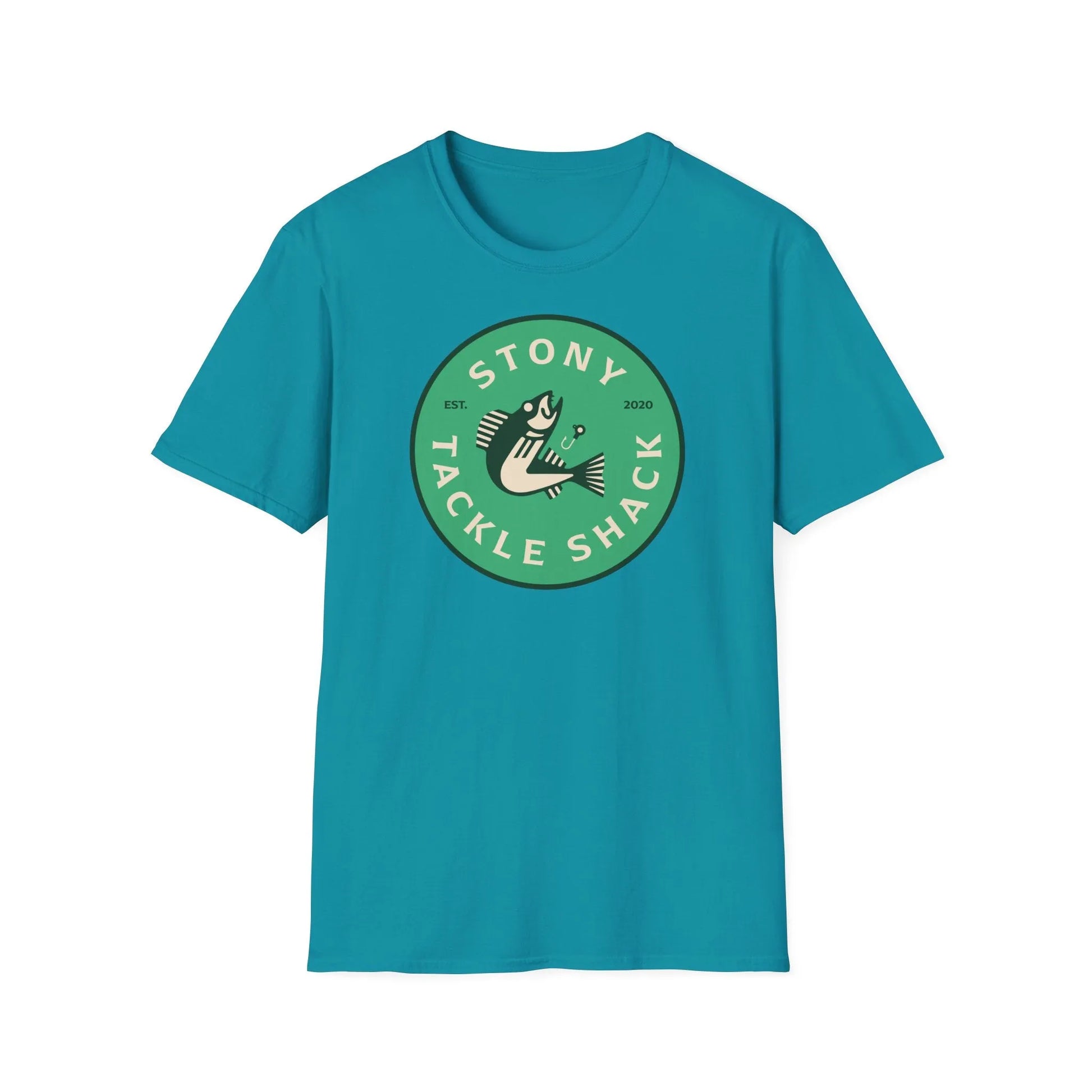 Blue t-shirt with green logo and text on a white background