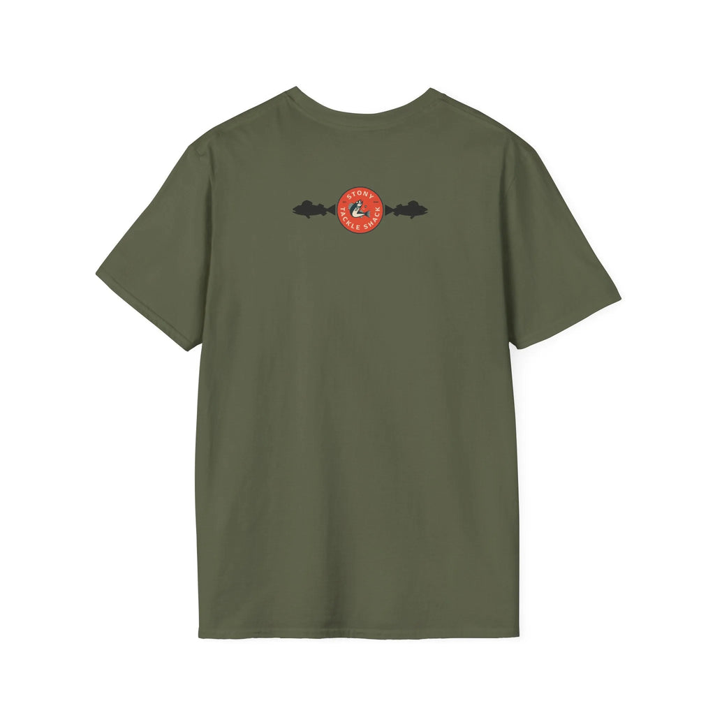 Green t-shirt with a red and black logo on the back against a white background