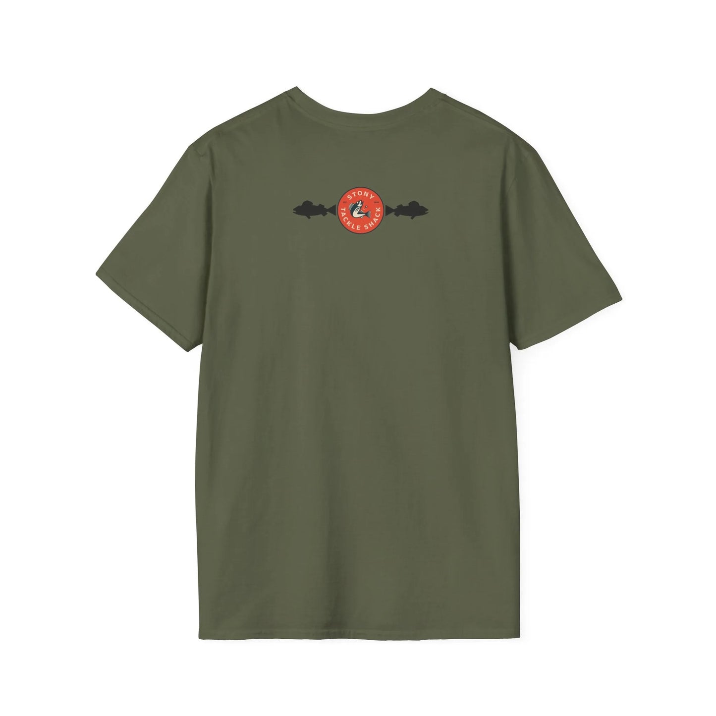 Green t-shirt with a red and black logo on the back against a white background