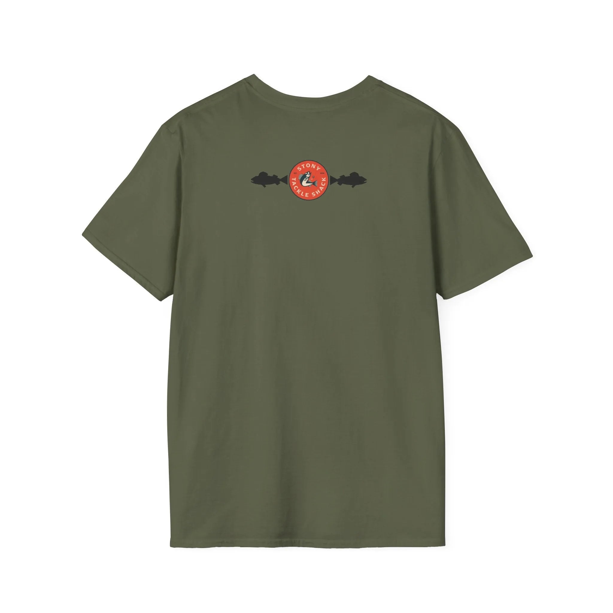 Green t-shirt with a red and black logo on the back against a white background