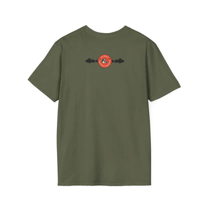 Green t-shirt with a red and black logo on the back against a white background