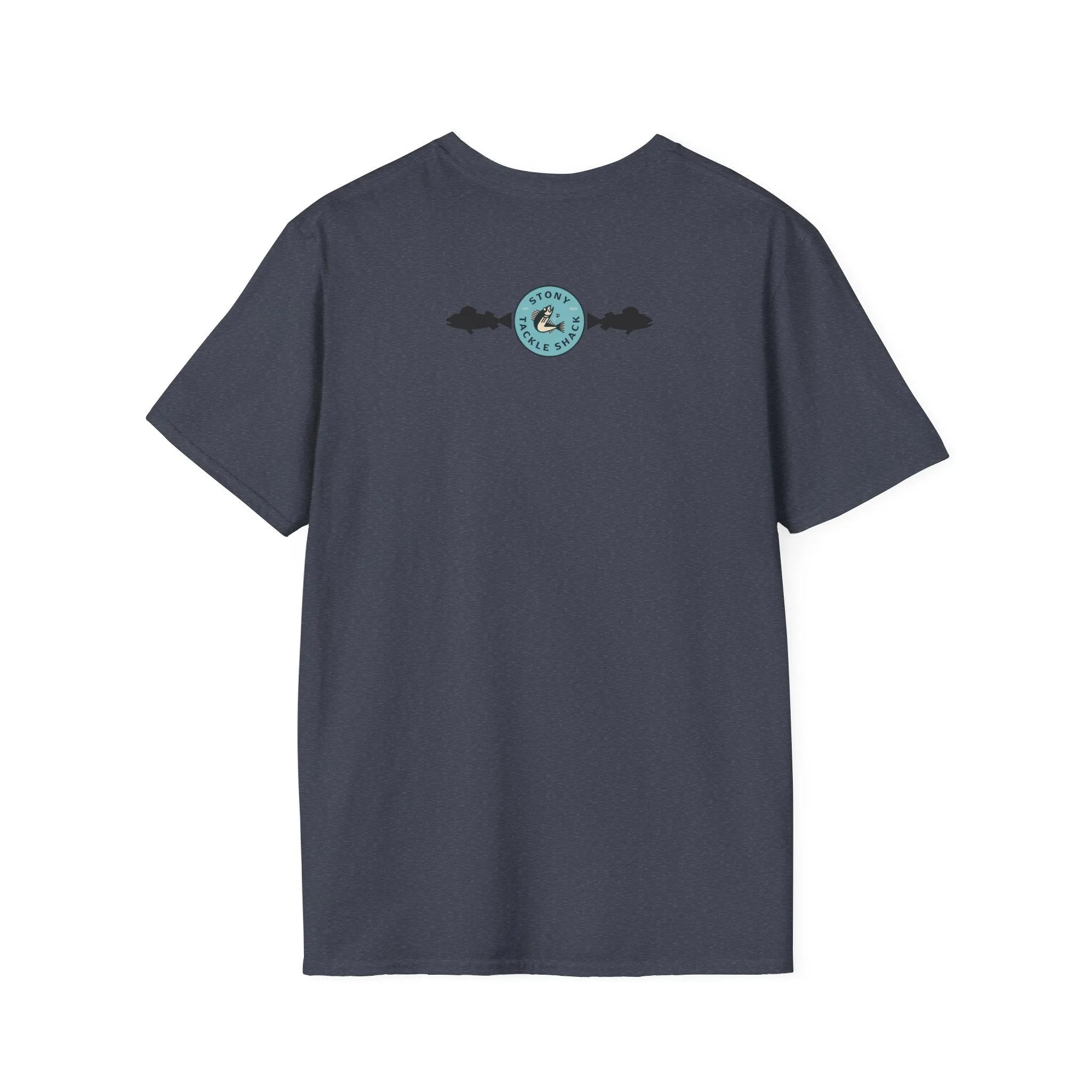 Heather Navy t-shirt with a logo on the back against a white background