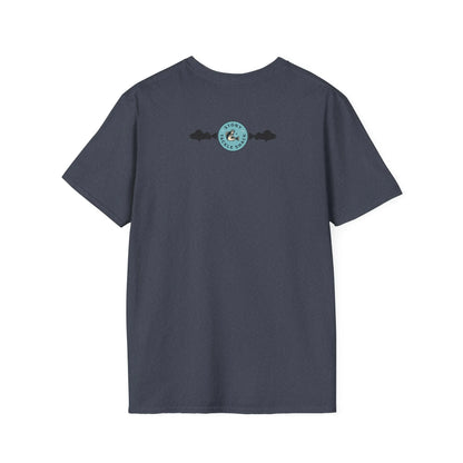 Heather Navy t-shirt with a logo on the back against a white background