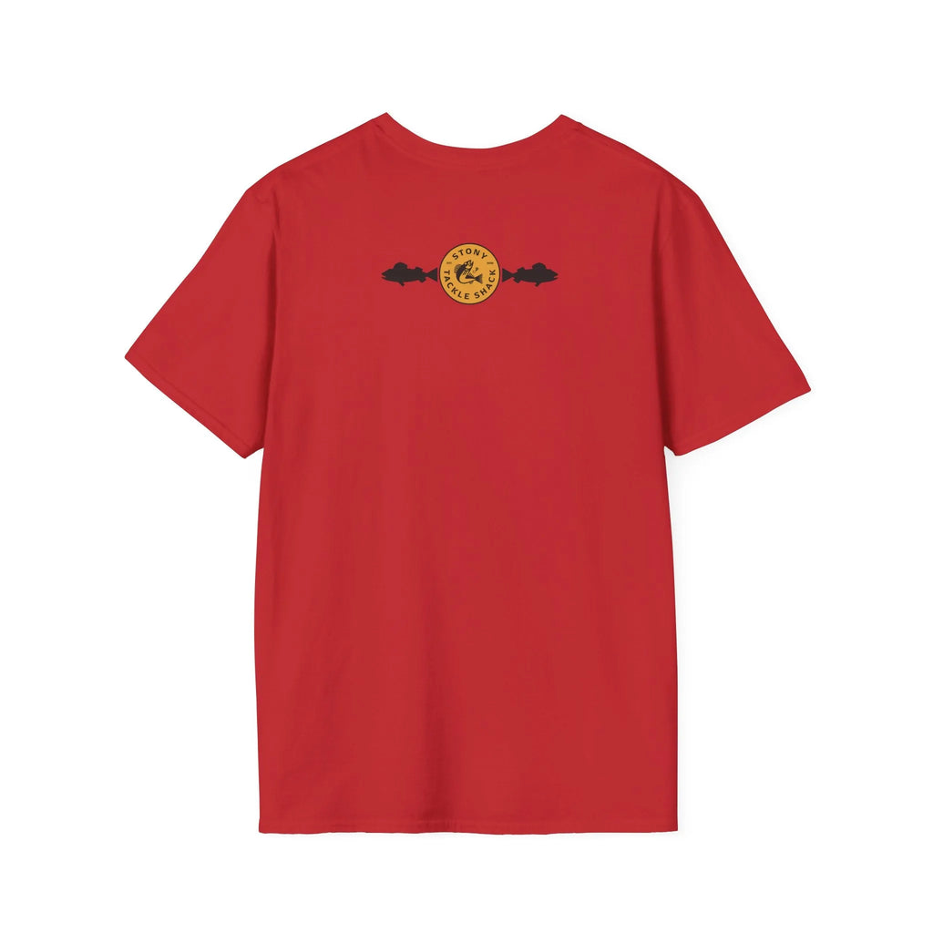 Red t-shirt with a yellow logo on the back against a white background