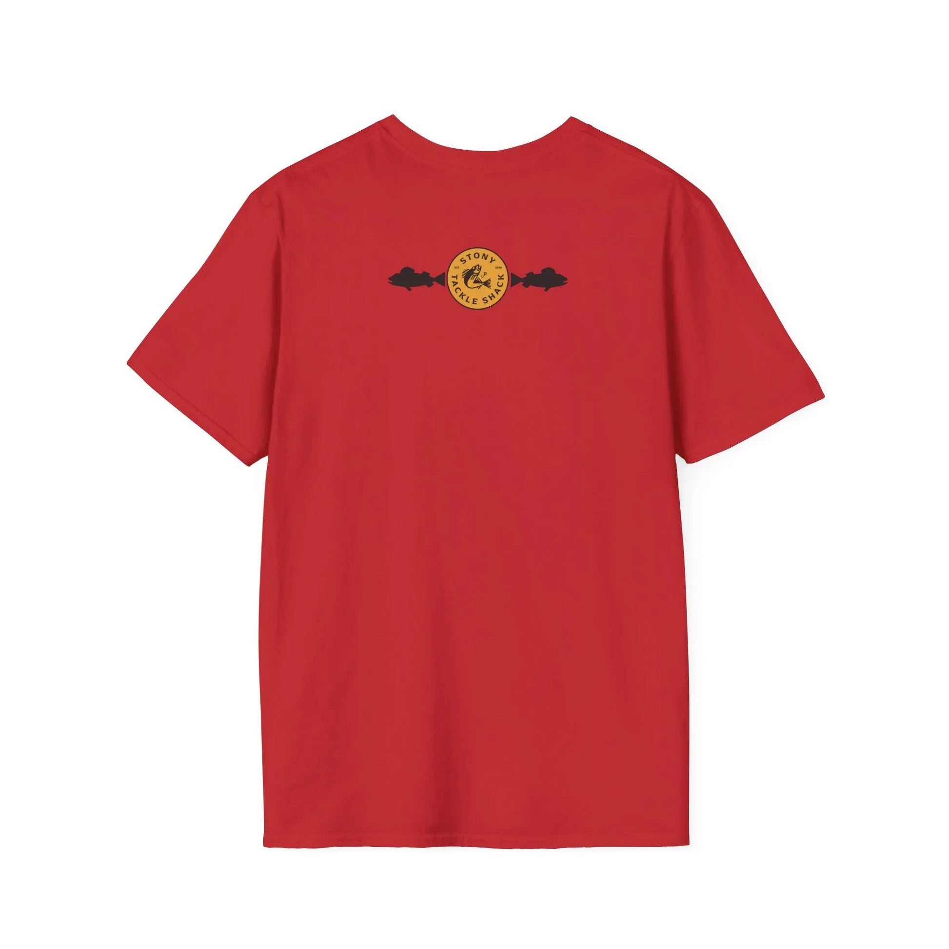 Red t-shirt with a yellow logo on the back against a white background