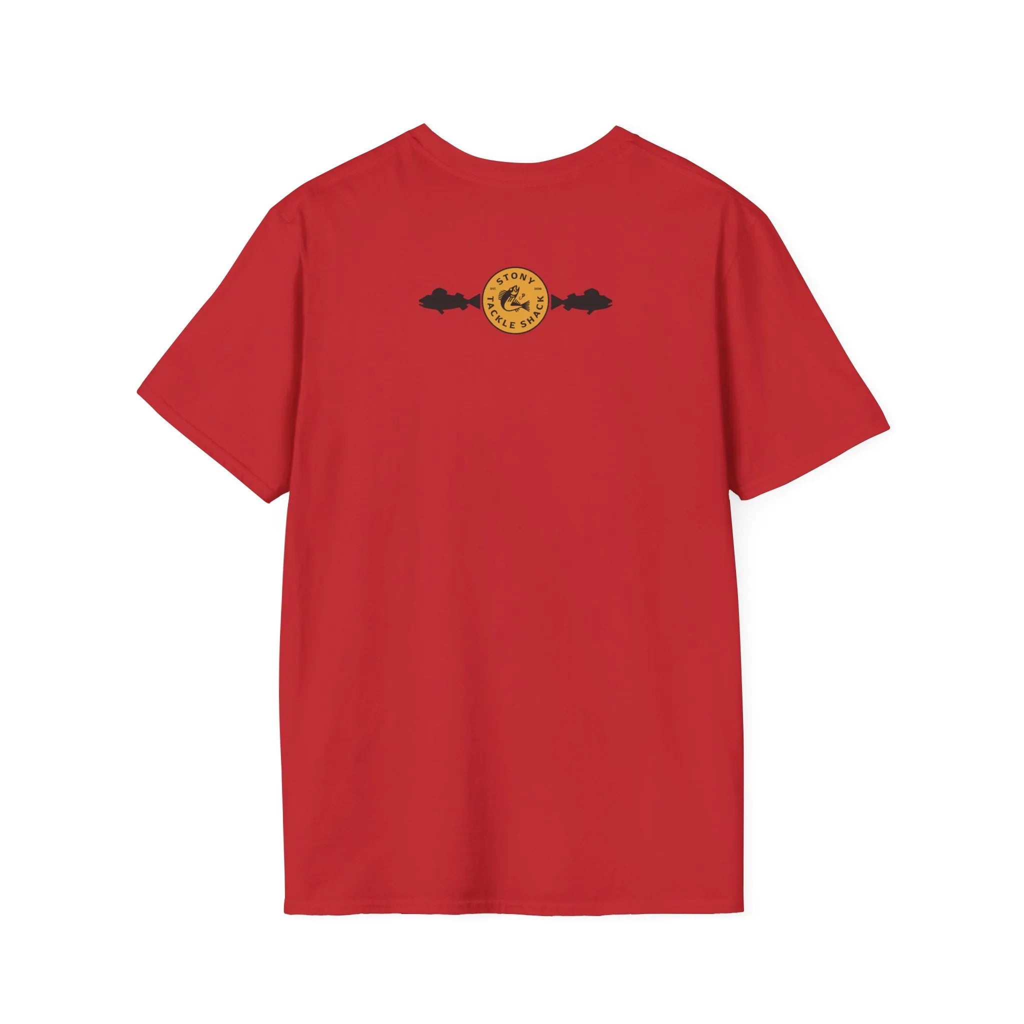 Red t-shirt with a yellow logo on the back against a white background