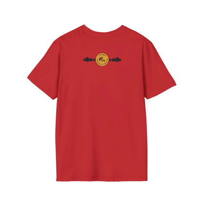 Red t-shirt with a yellow logo on the back against a white background
