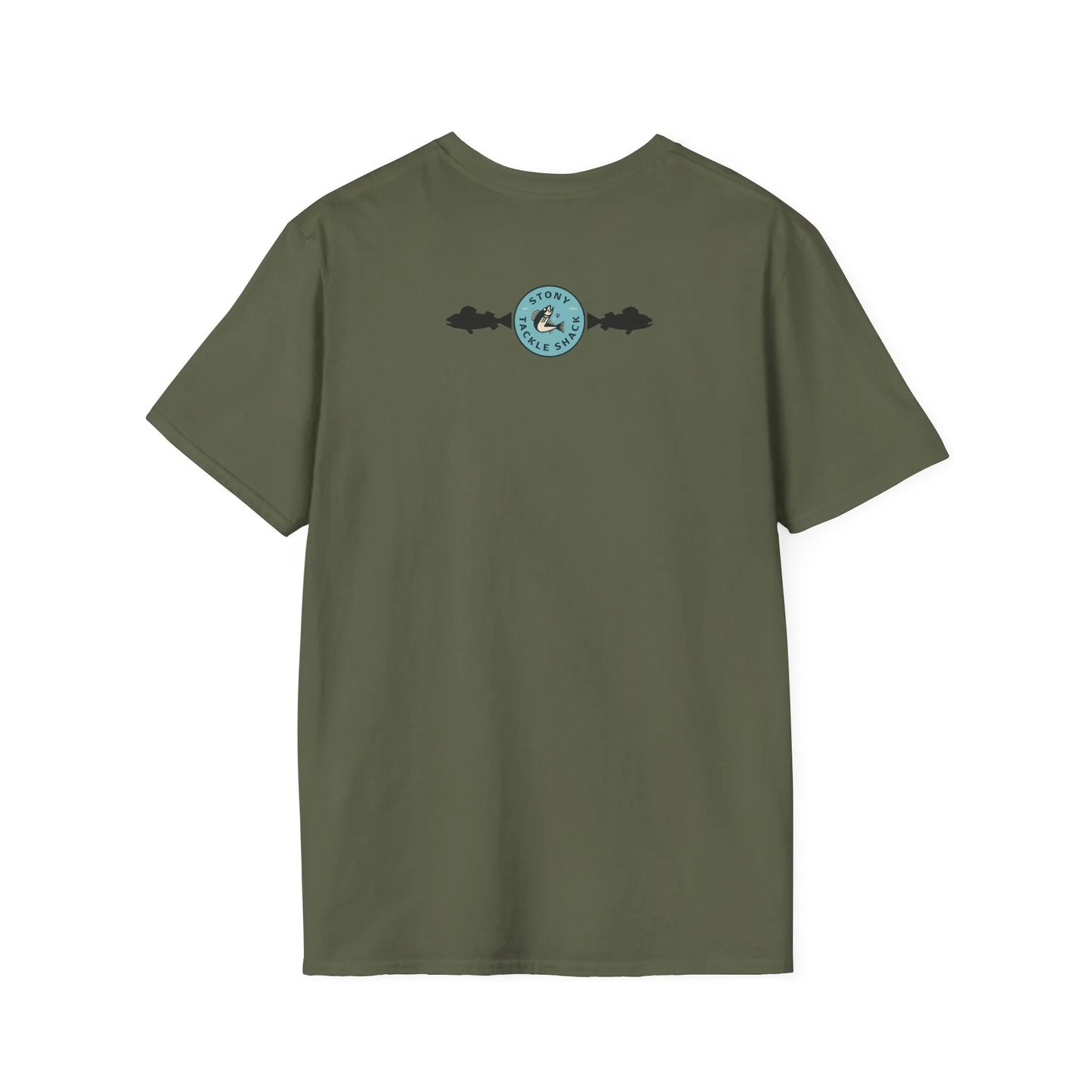 Military Green t-shirt with a logo on the back against a white background