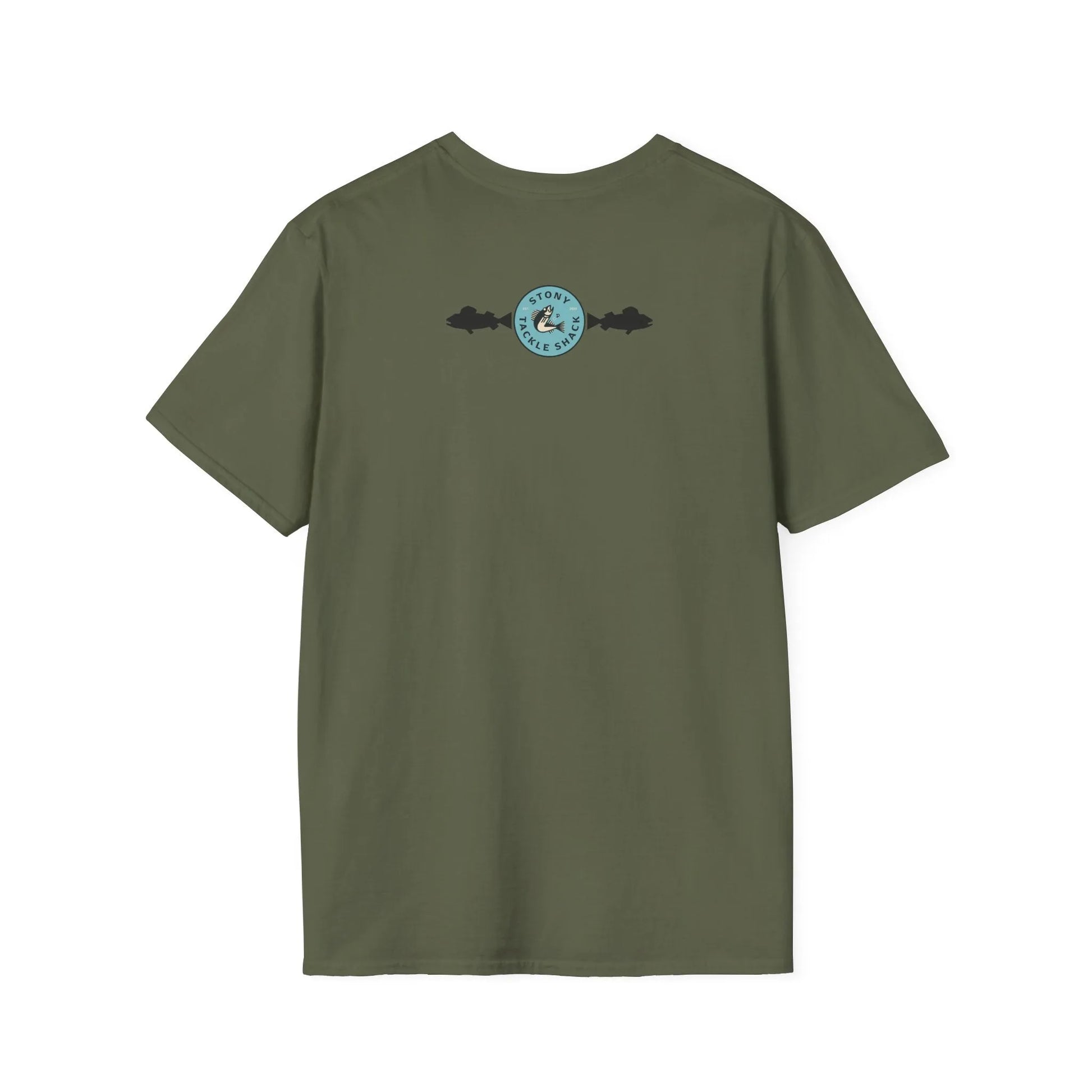Military Green t-shirt with a logo on the back against a white background