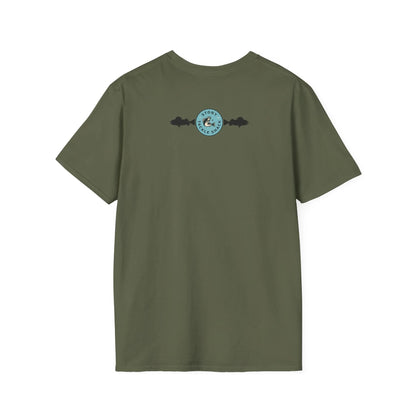 Military Green t-shirt with a logo on the back against a white background