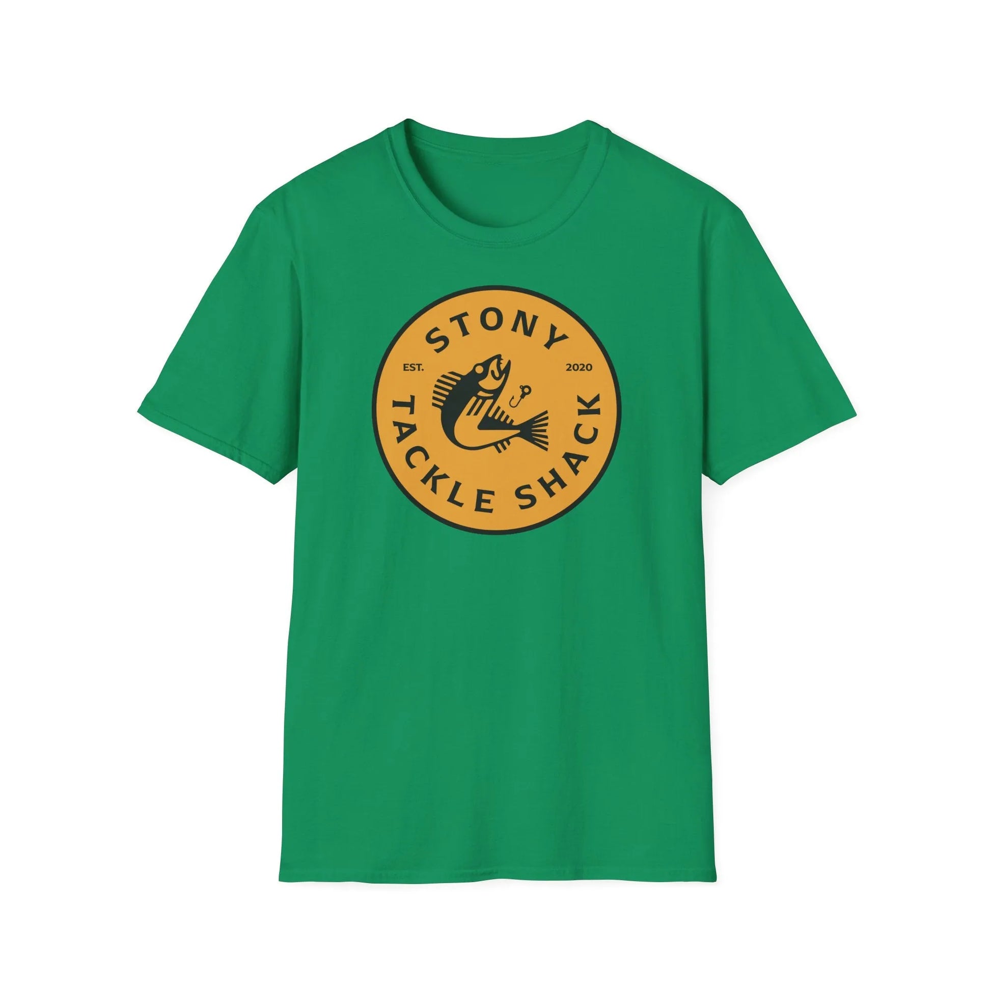 Green t-shirt with yellow 'Stony Tackle Shack' logo on a white background