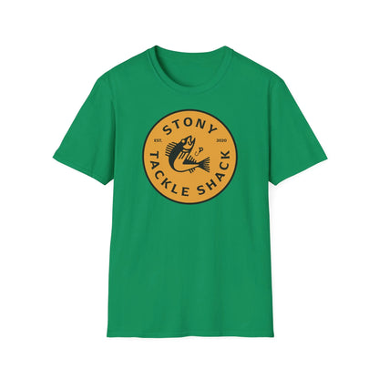 Green t-shirt with yellow 'Stony Tackle Shack' logo on a white background