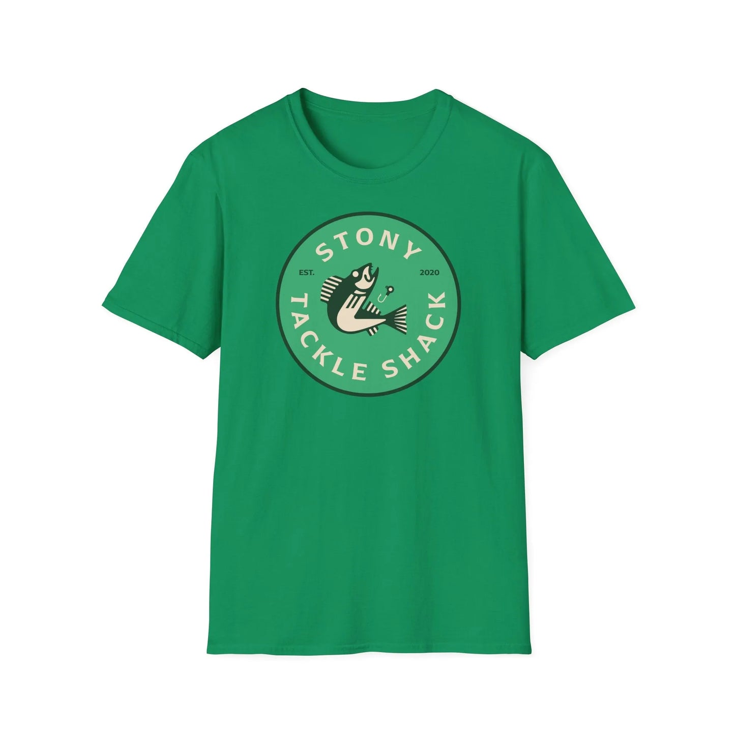 Green t-shirt with 'Stony Tackle Shack' logo on a white background