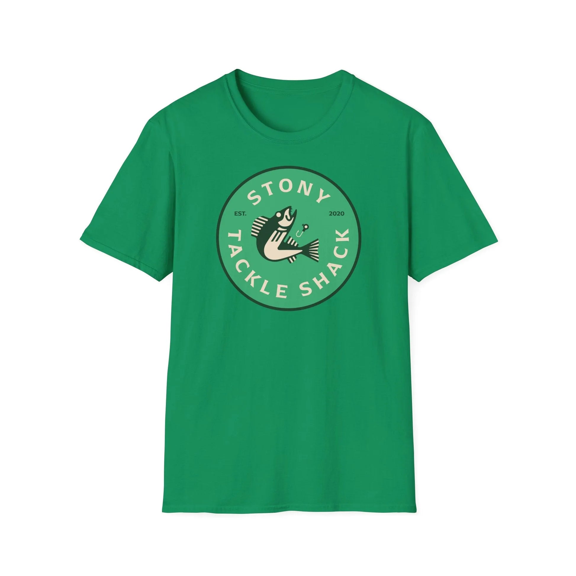 Green t-shirt with 'Stony Tackle Shack' logo on a white background