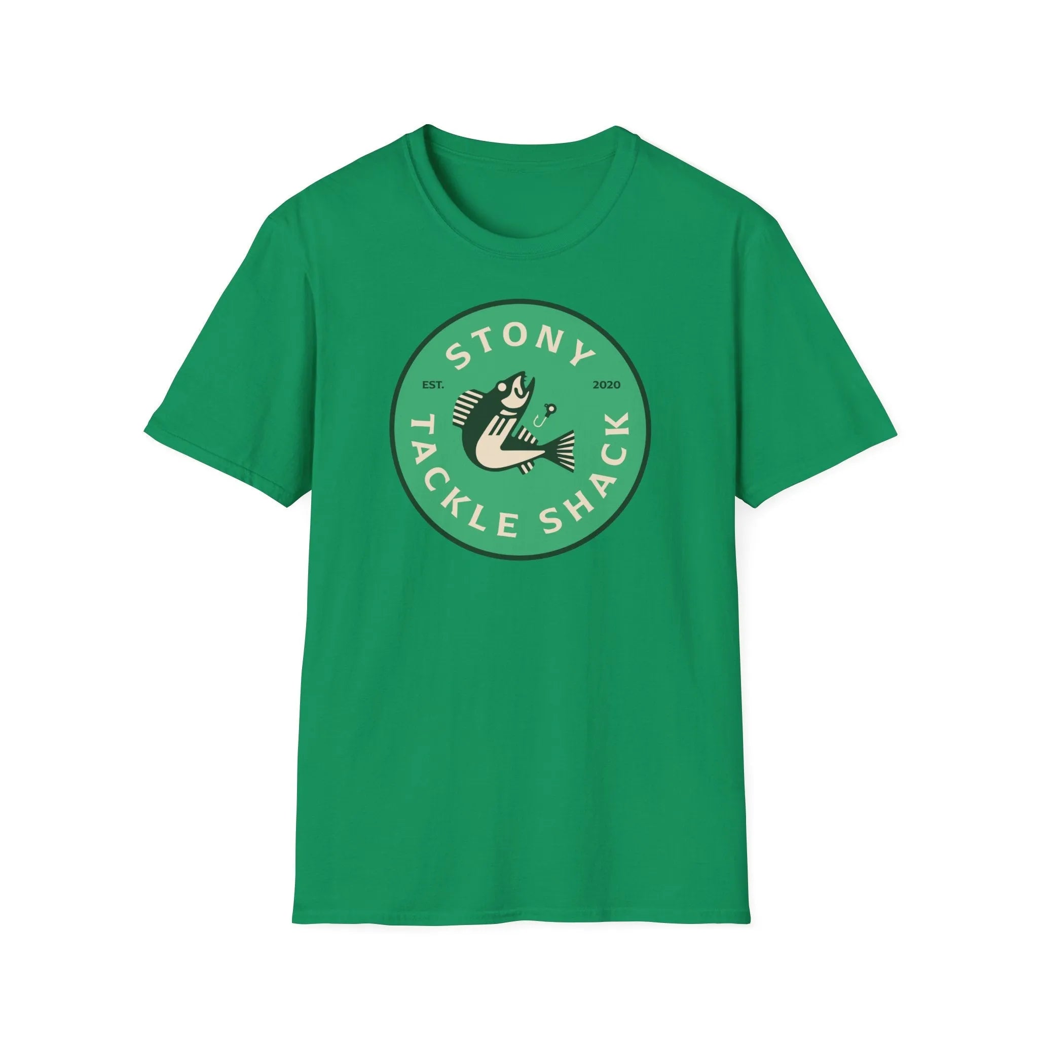 Green t-shirt with 'Stony Tackle Shack' logo on a white background