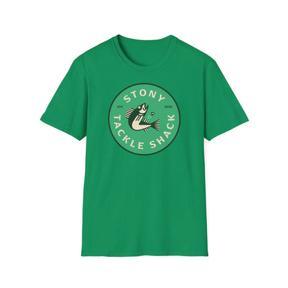 Green t-shirt with 'Stony Tackle Shack' logo on a white background