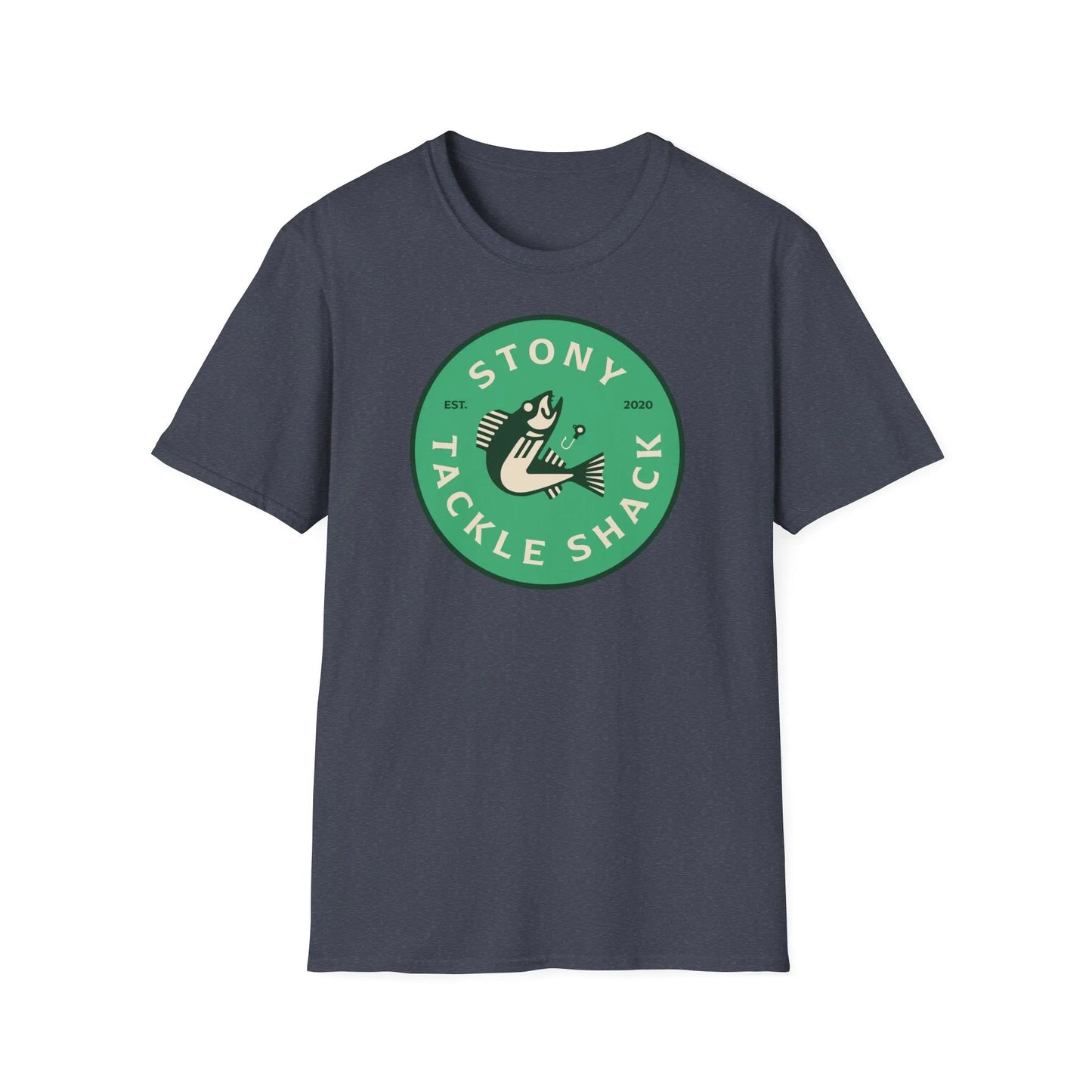 Gray t-shirt with a green logo and text on a white background
