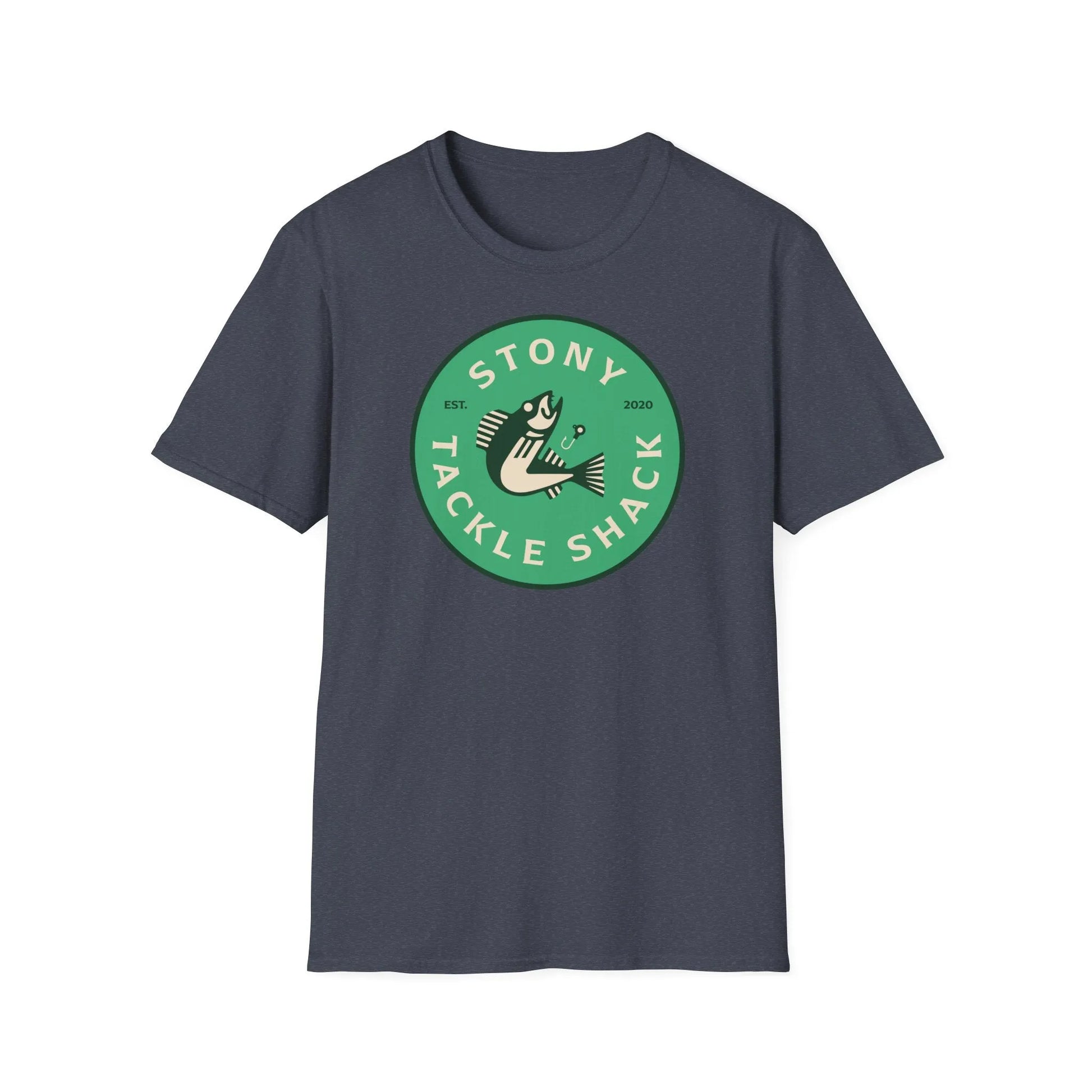 Gray t-shirt with a green logo and text on a white background