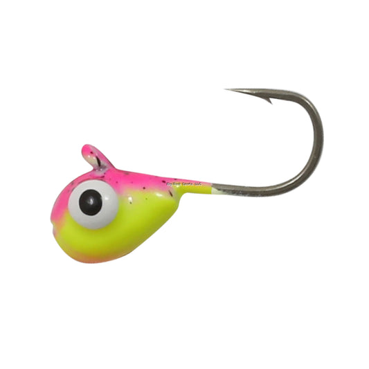 Tungsten Fishing lure with pink and yellow body and black eye on a white background