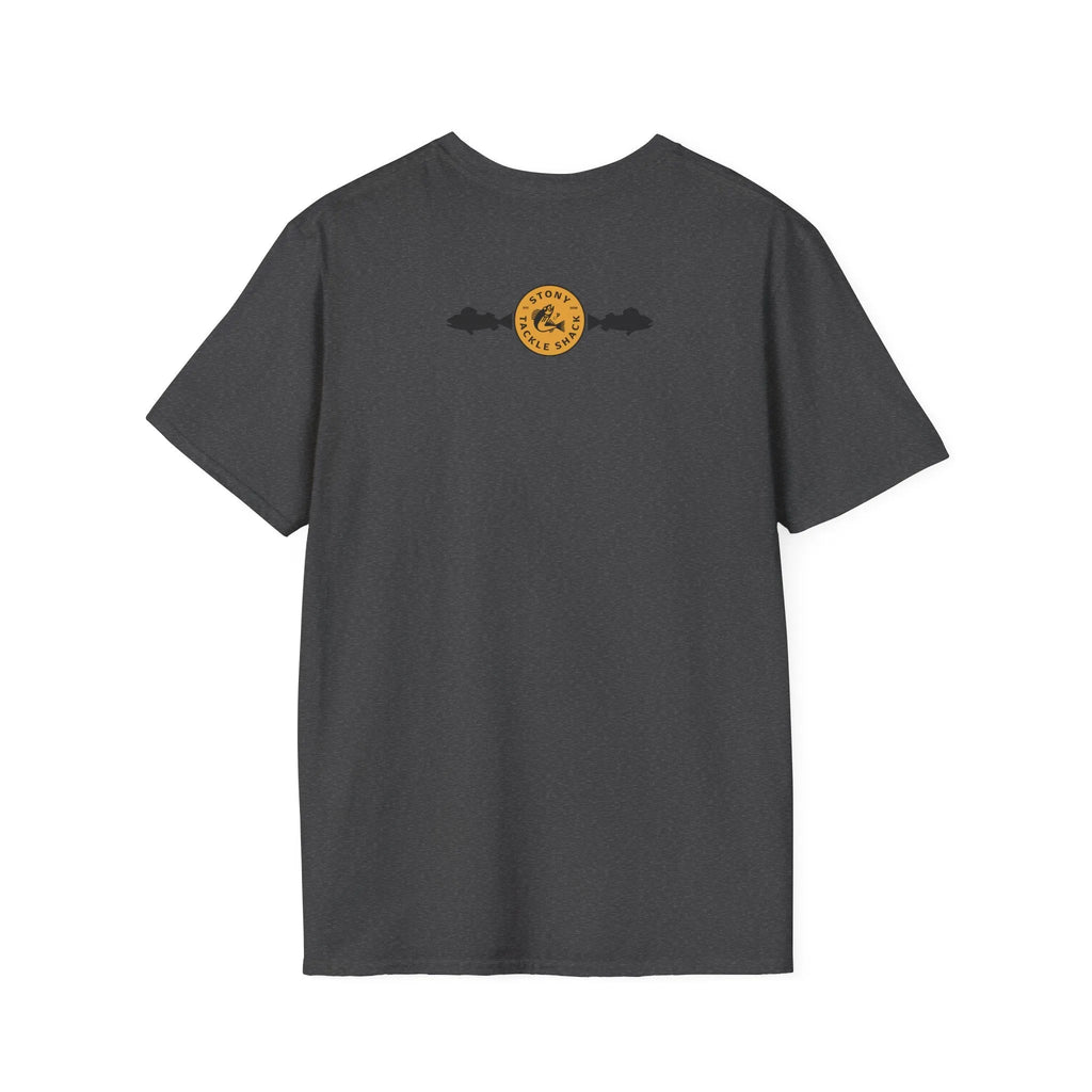 Gray t-shirt with a yellow logo on the back against a white background
