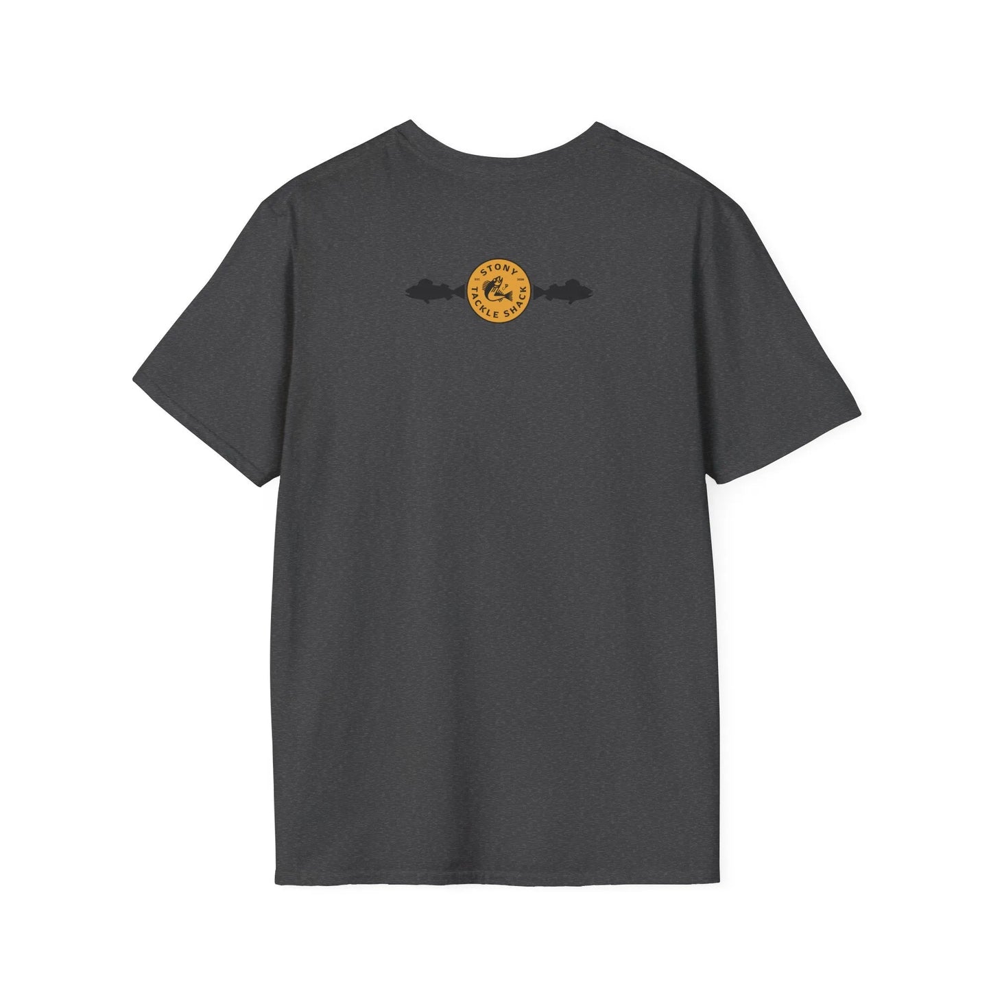 Gray t-shirt with a yellow logo on the back against a white background