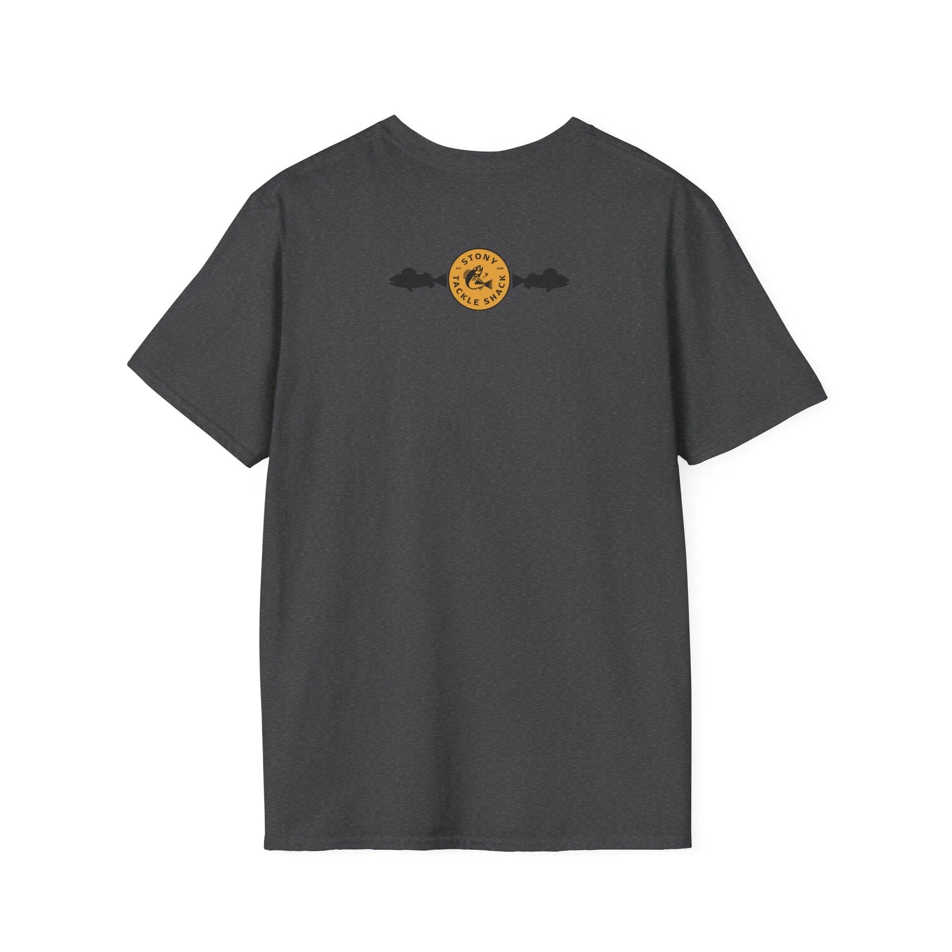 Gray t-shirt with a yellow logo on the back against a white background