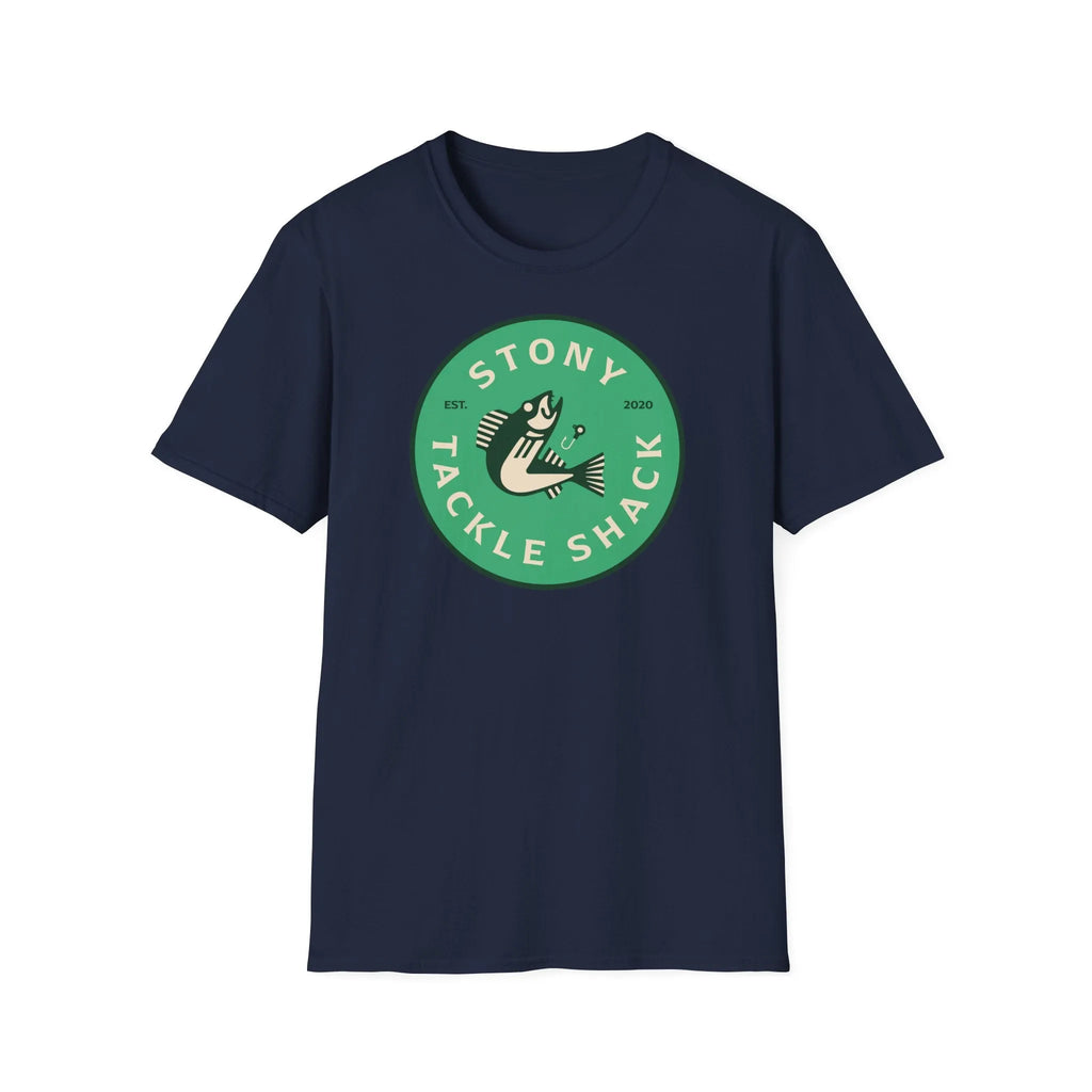 Navy blue t-shirt with a green logo on a white background