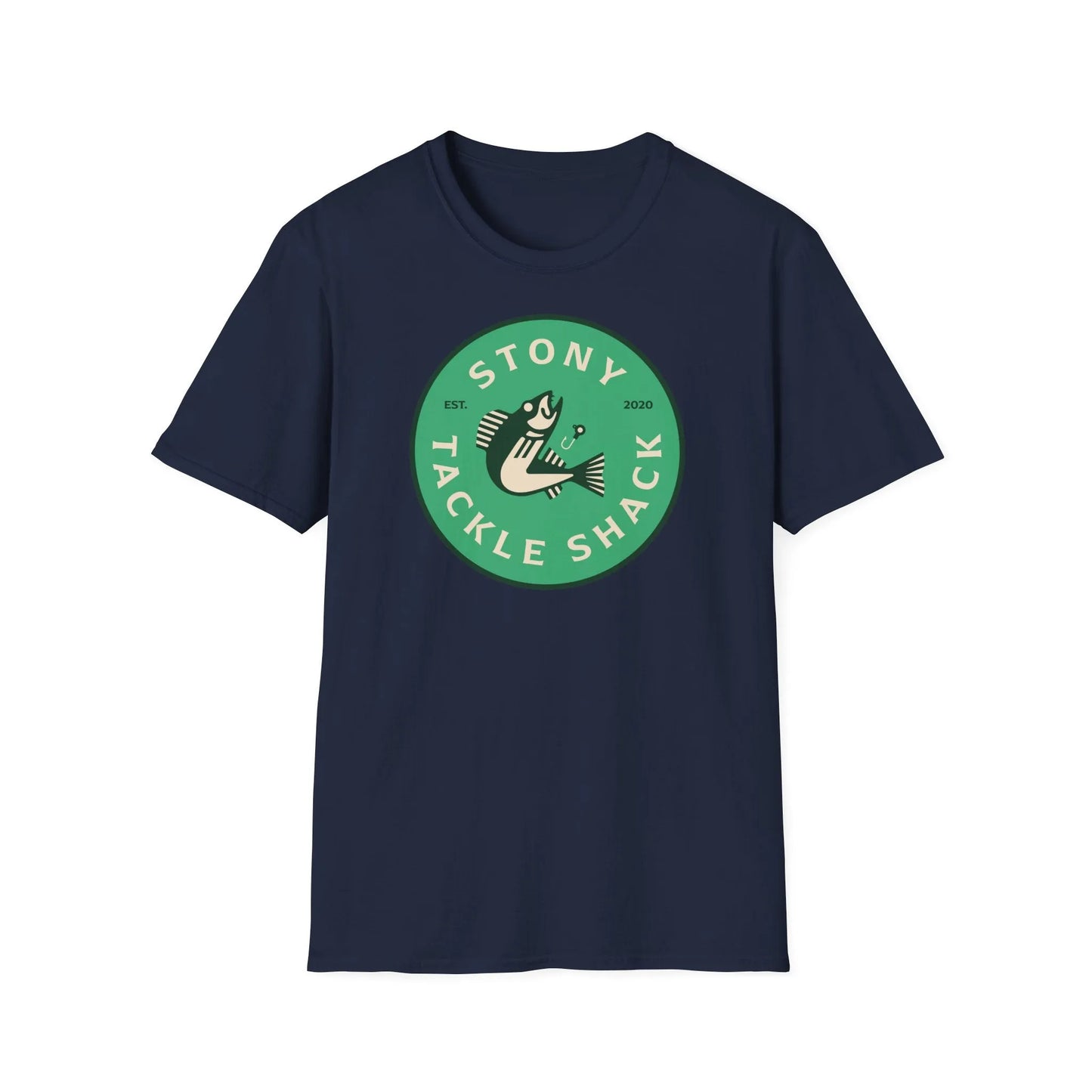 Navy blue t-shirt with a green logo on a white background