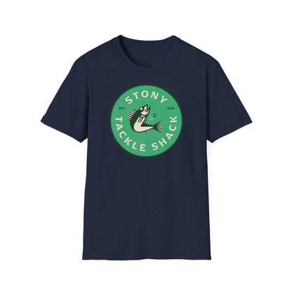 Navy blue t-shirt with a green logo on a white background