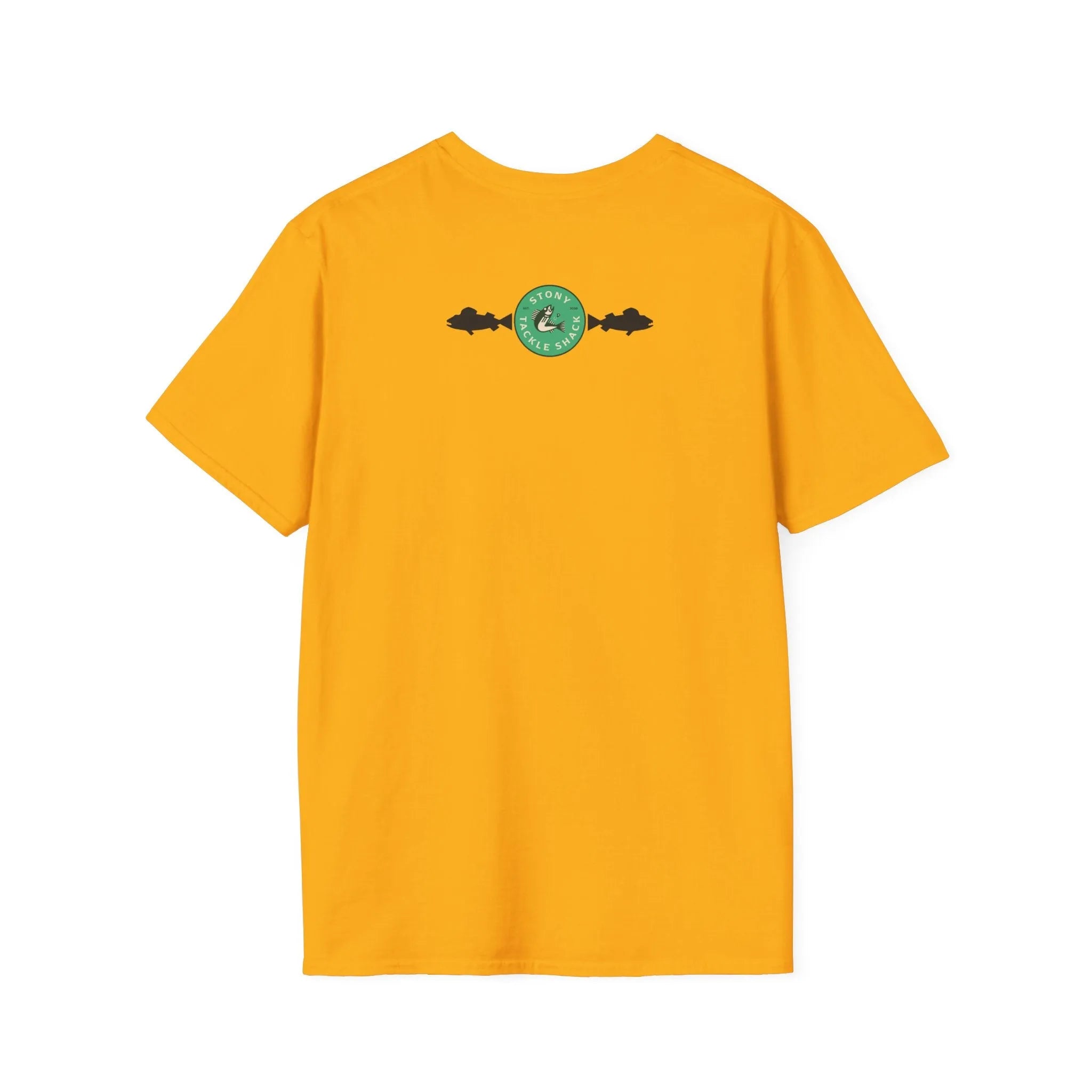 Yellow t-shirt with a green logo on the back against a white background