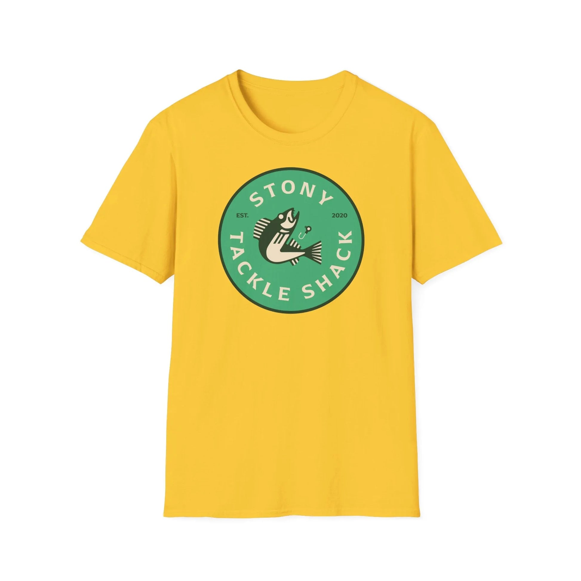 Yellow t-shirt with a green logo on a white background