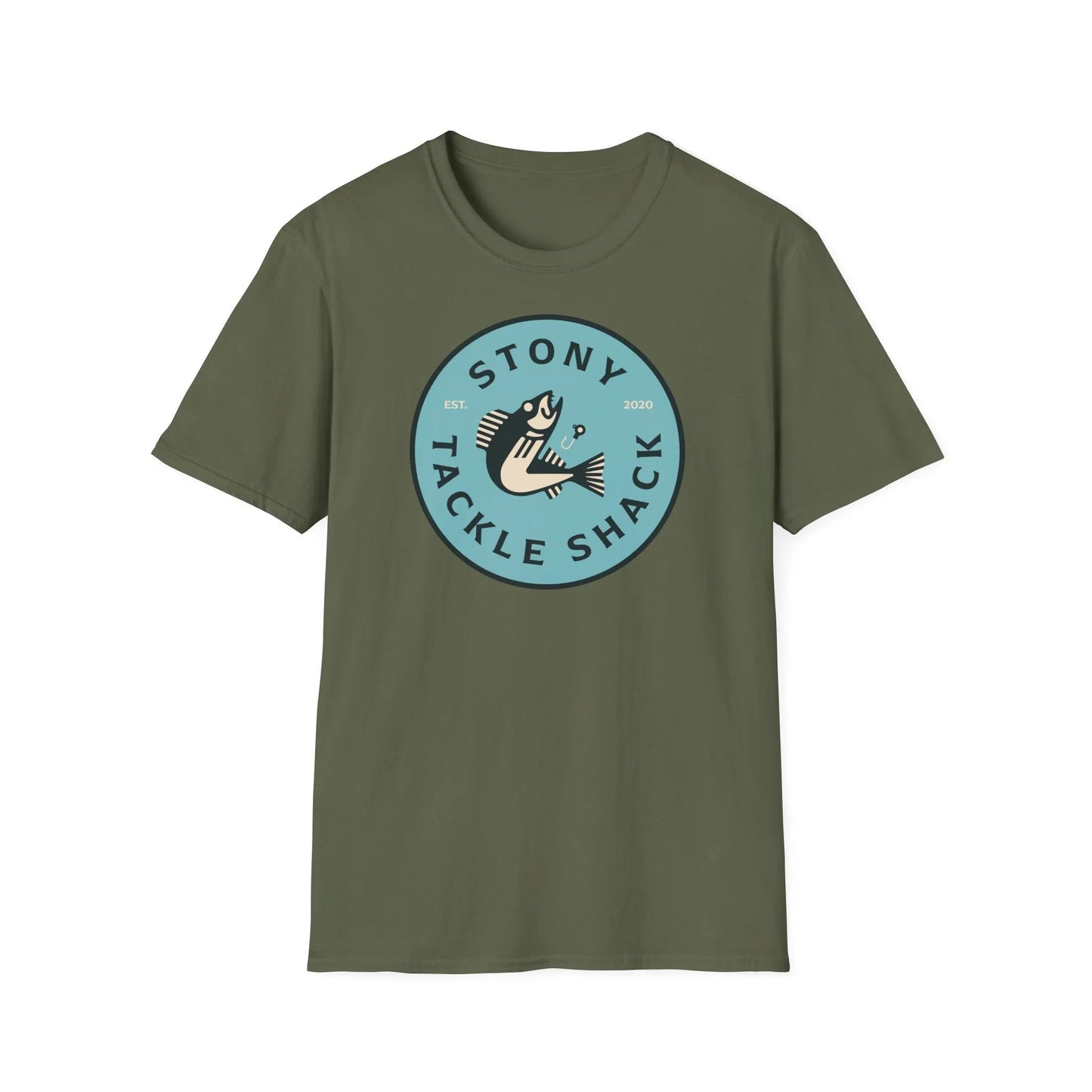 Military Green t-shirt with 'Stony Tackle Shack' logo on a white background