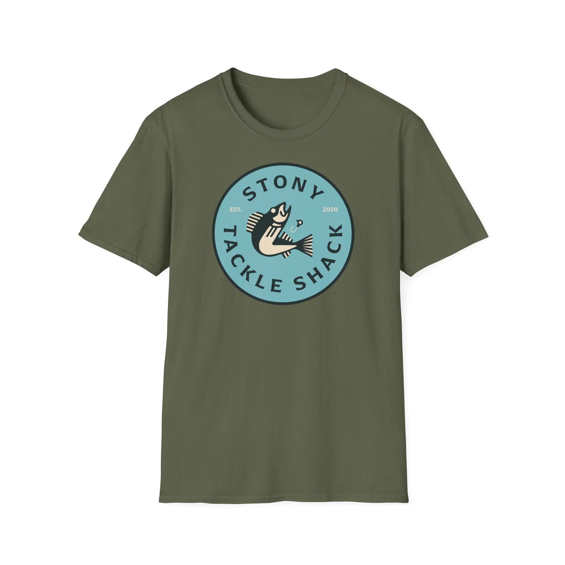 Military Green t-shirt with 'Stony Tackle Shack' logo on a white background