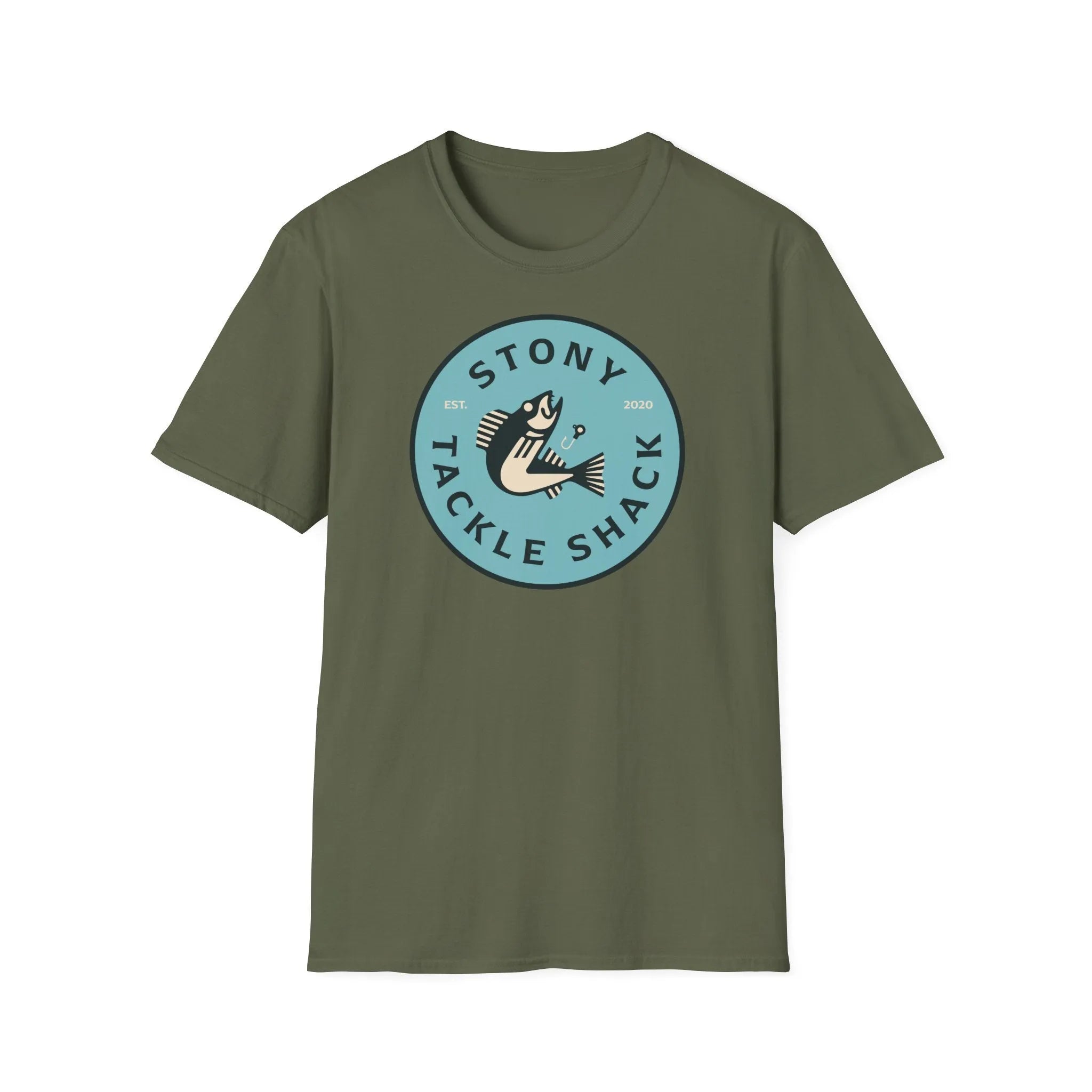 Military Green t-shirt with 'Stony Tackle Shack' logo on a white background
