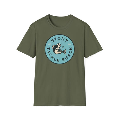 Military Green t-shirt with 'Stony Tackle Shack' logo on a white background