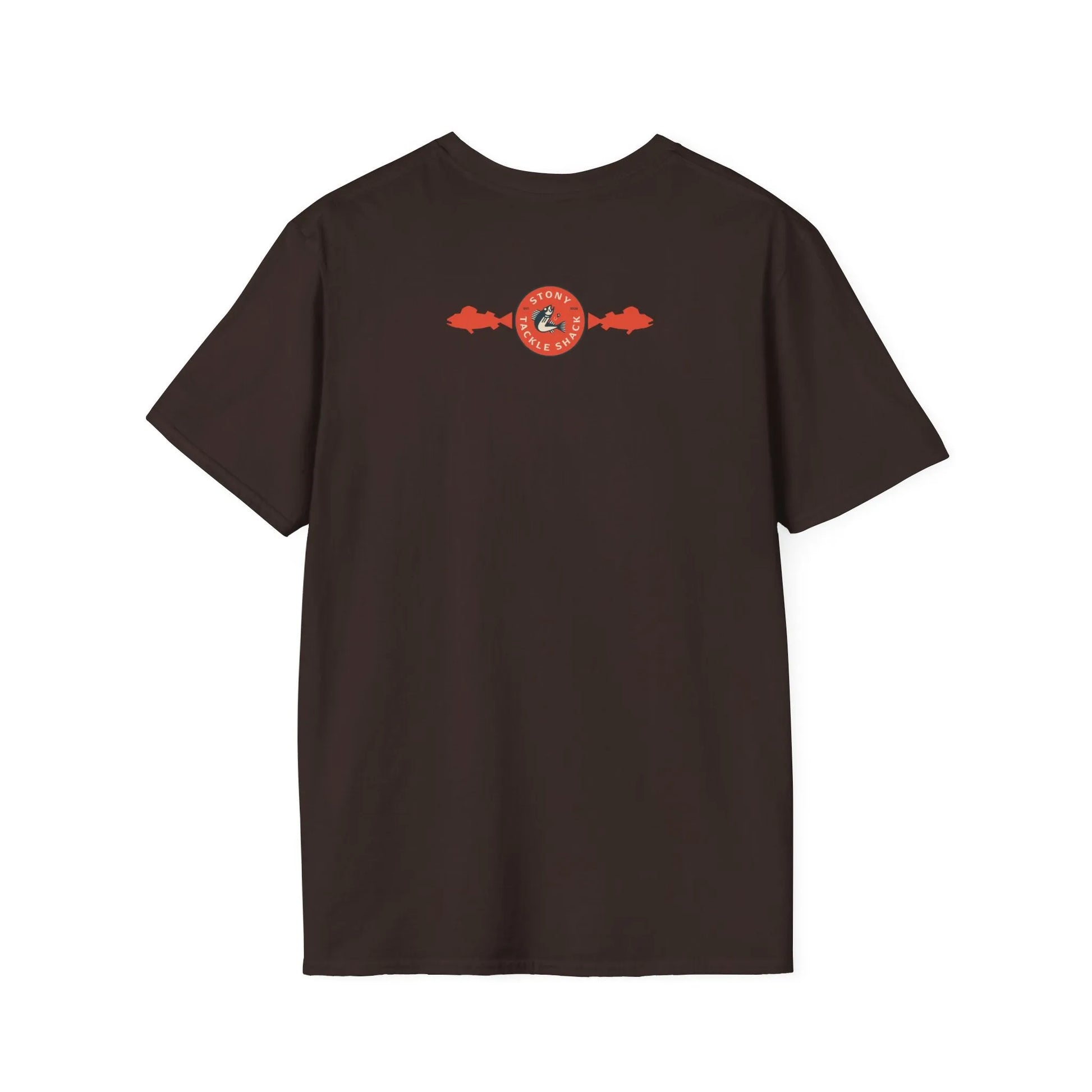 Brown t-shirt with a red and white logo on the back against a white background