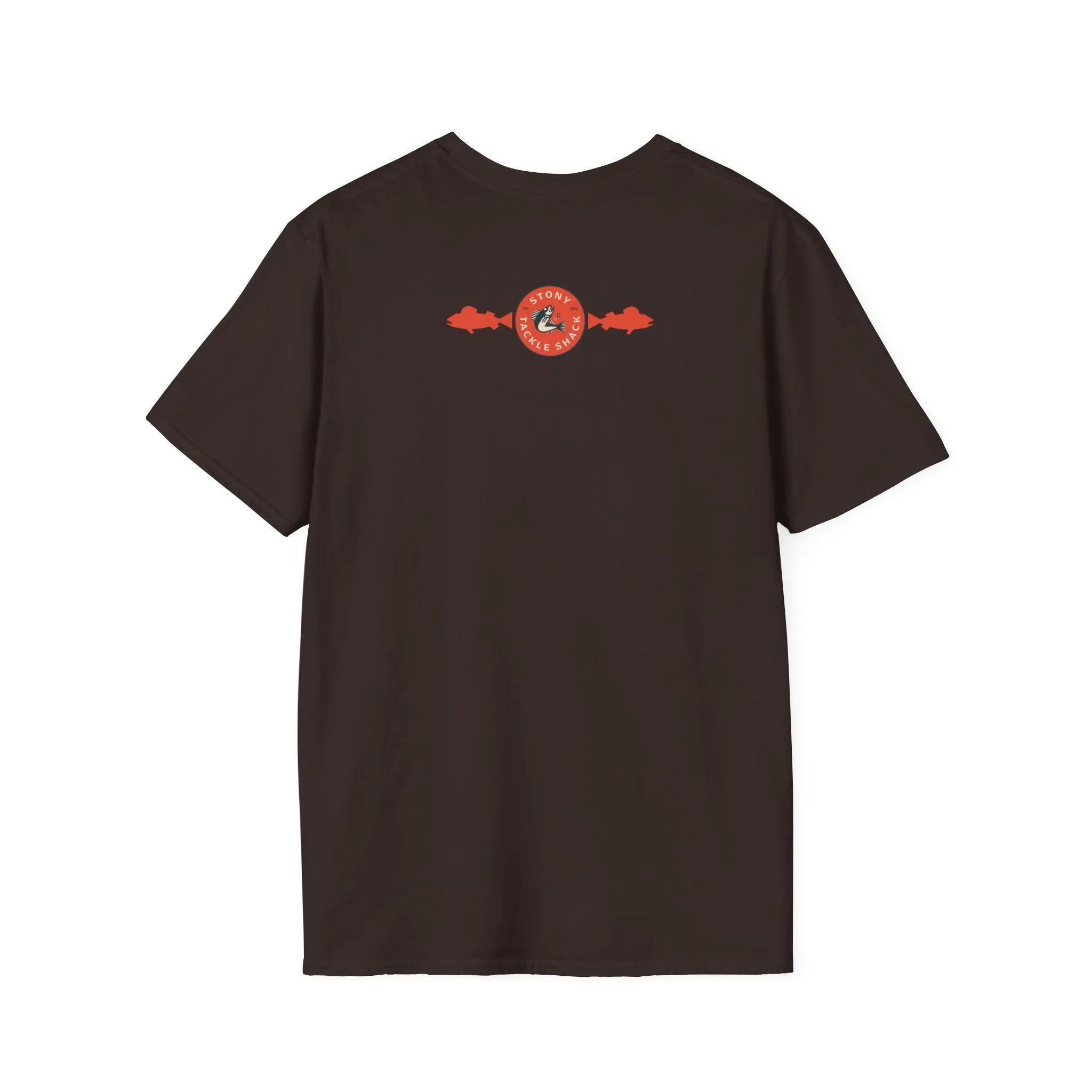 Brown t-shirt with a red and white logo on the back against a white background