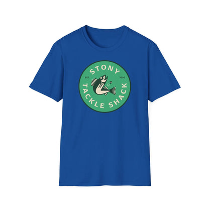 Blue t-shirt with a green logo on a white background