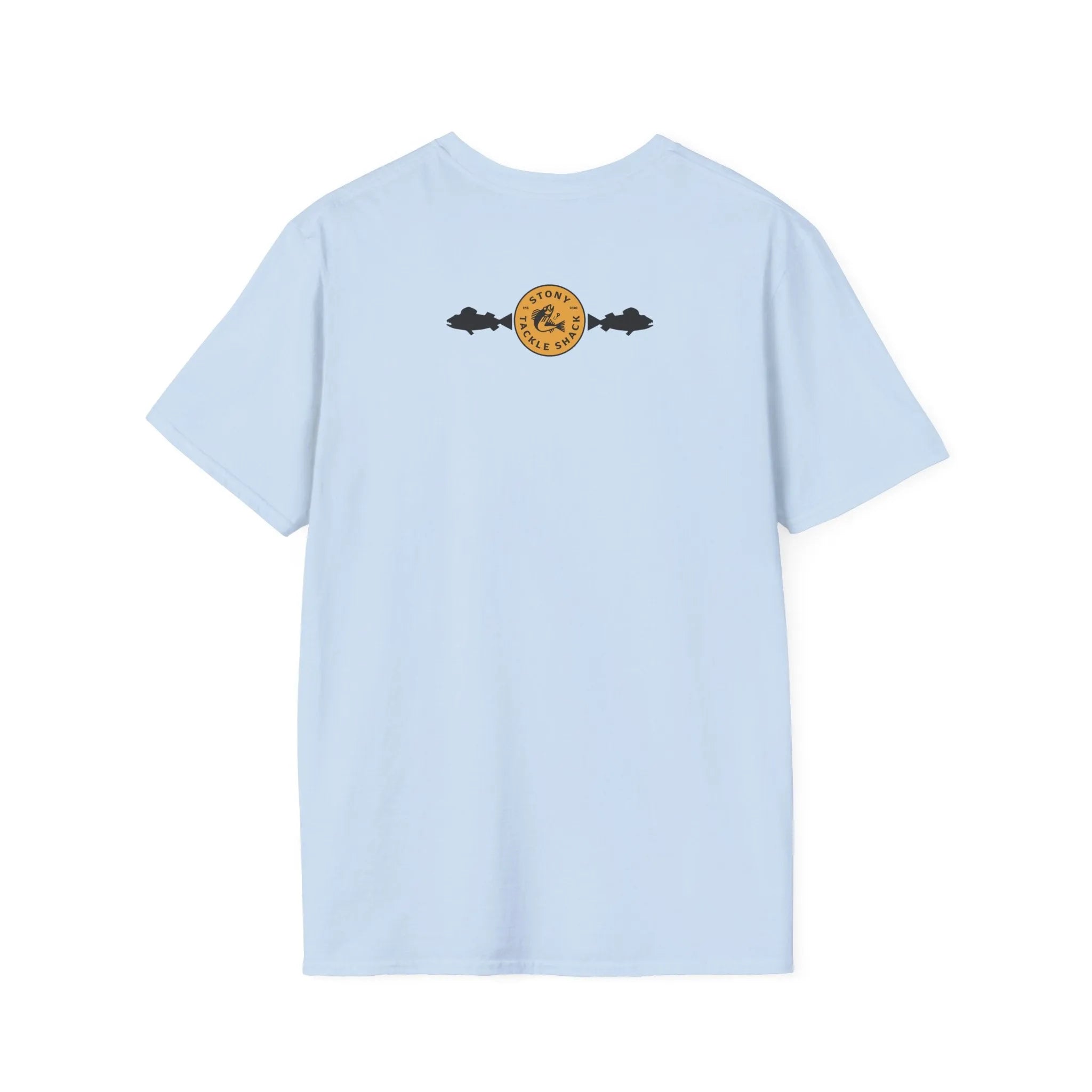 Light blue t-shirt with a yellow logo on the back against a white background