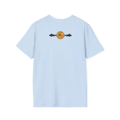 Light blue t-shirt with a yellow logo on the back against a white background