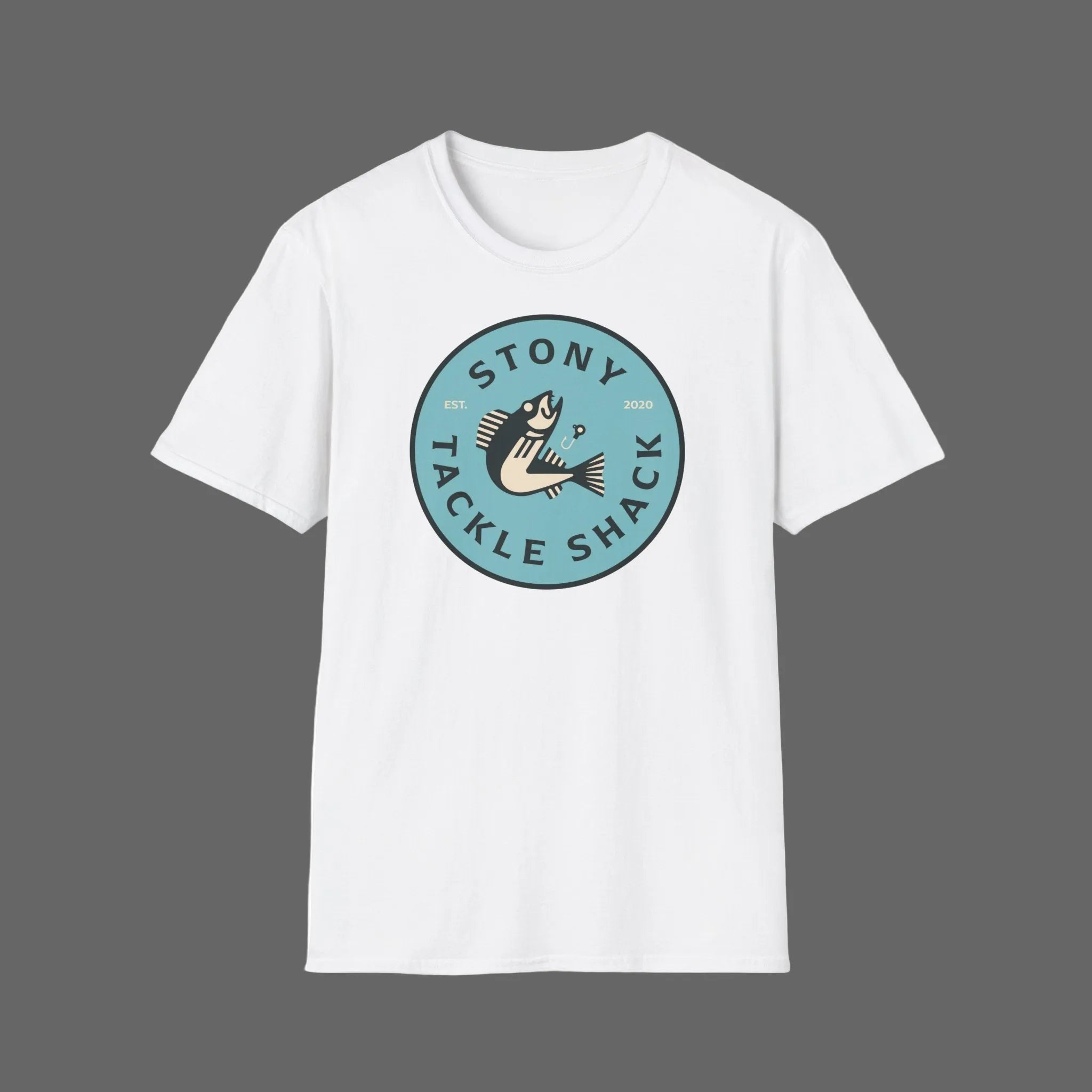 White t-shirt with 'Stony Tackle Shack' logo on a gray background