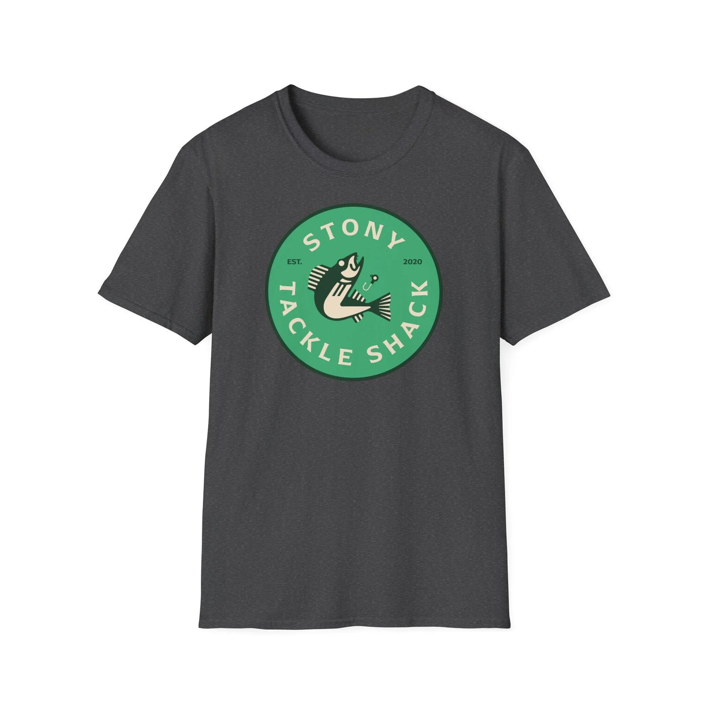 Black t-shirt with a green logo on a white background
