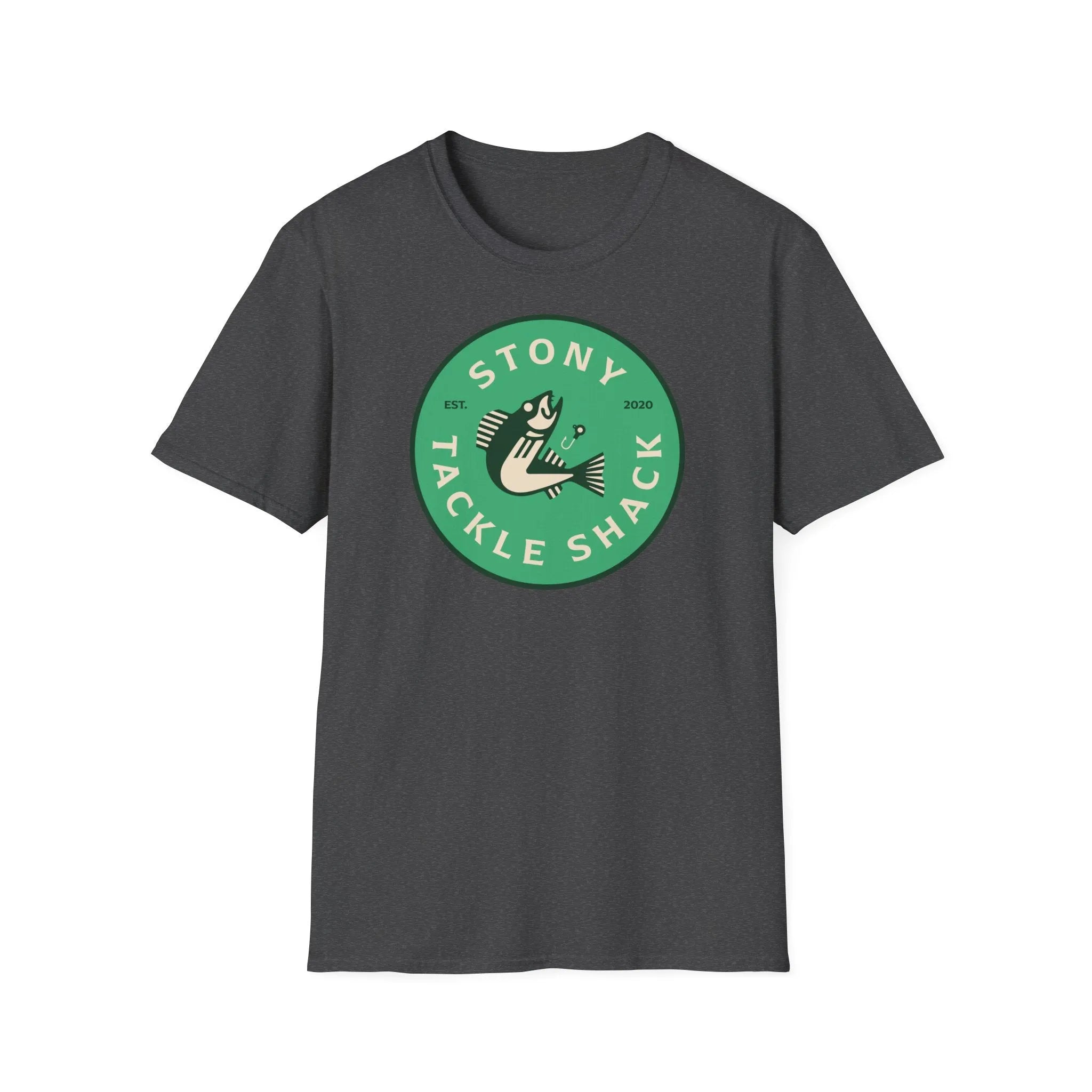 Black t-shirt with a green logo on a white background