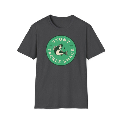 Black t-shirt with a green logo on a white background