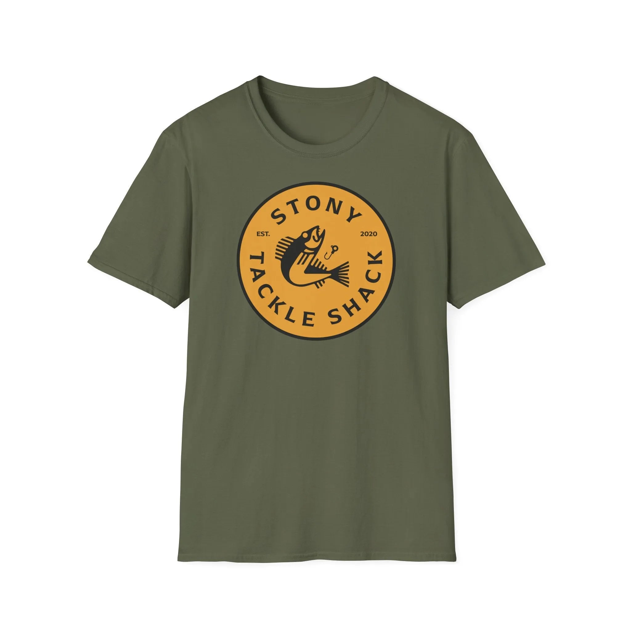 Green t-shirt with yellow 'Stony Tackle Shack' logo on a white background