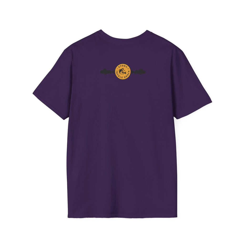 Purple t-shirt with a yellow logo on the back against a white background