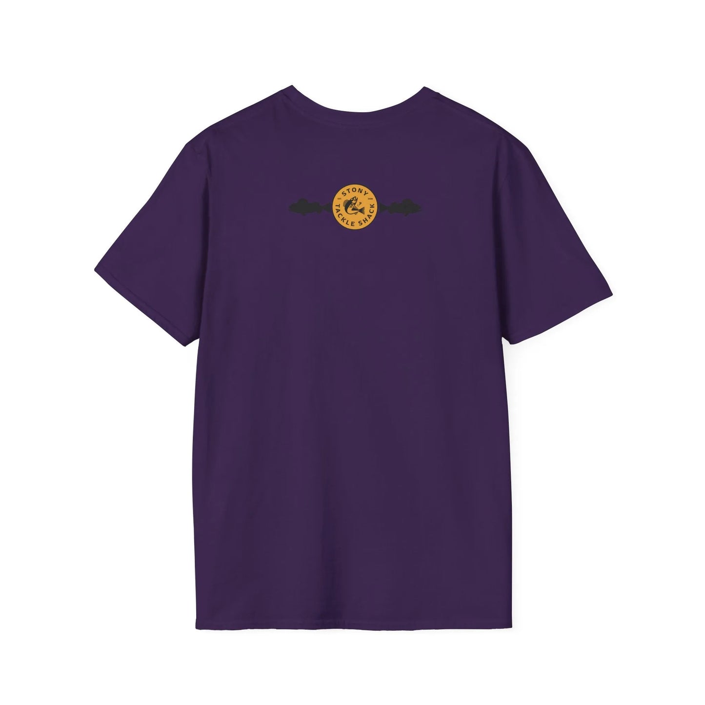 Purple t-shirt with a yellow logo on the back against a white background
